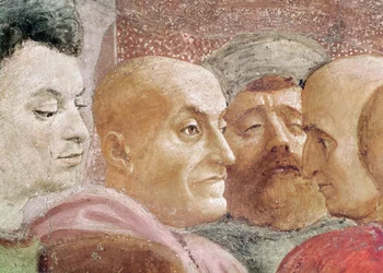 Heads of Men to the Left of the Emperor, from the Raising of the Son of Theophilus, and St. Peter Enthroned as First Bishop of Antioch, c.1427 and c.1484-85 (detail)
